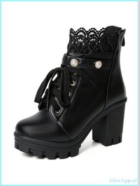Victorian Gothic Platform Combat Booties with Pearl Lace